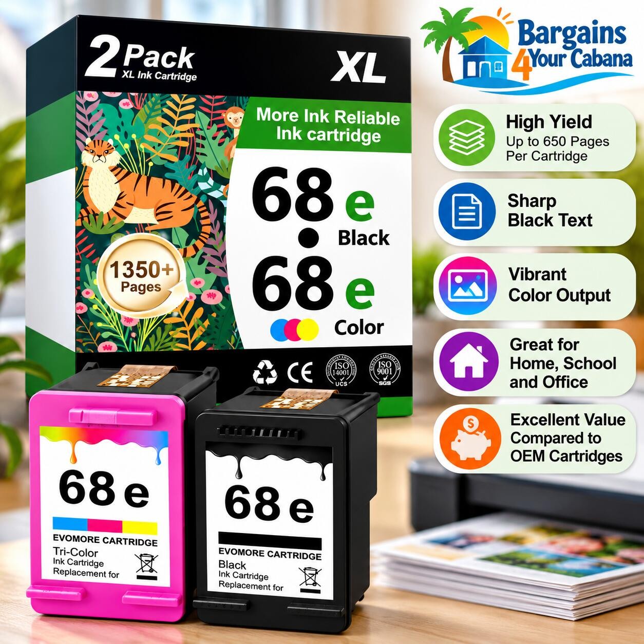 68e 68XL for HP Ink Cartridges, Compatible XL, Black Tri-Color