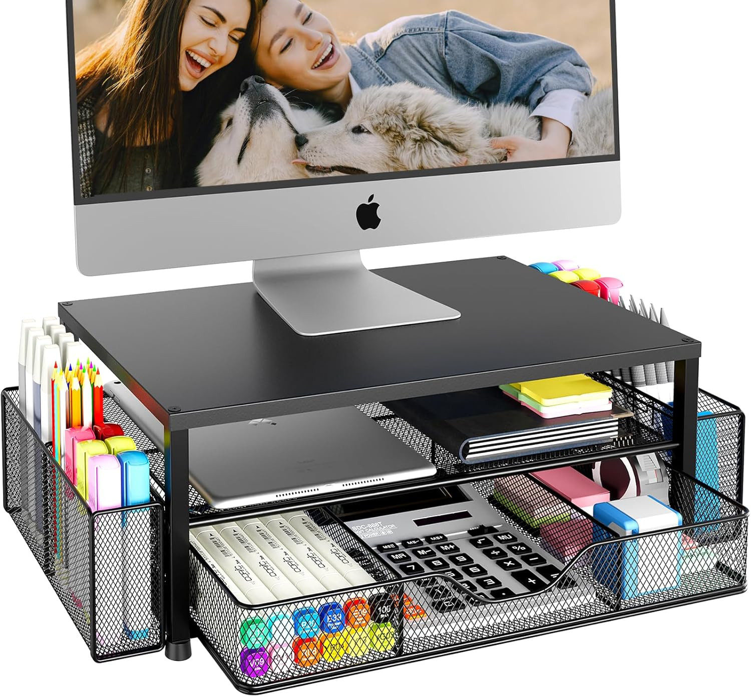 Desk Organizer and Accessories, 2-Tier Computer Monitor Stand Riser with Drawer