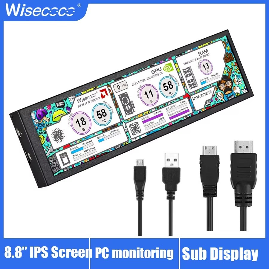Wisecoco 8.8" IPS Touch Portable Monitor 480x1920 Stretched Bar Sub Display