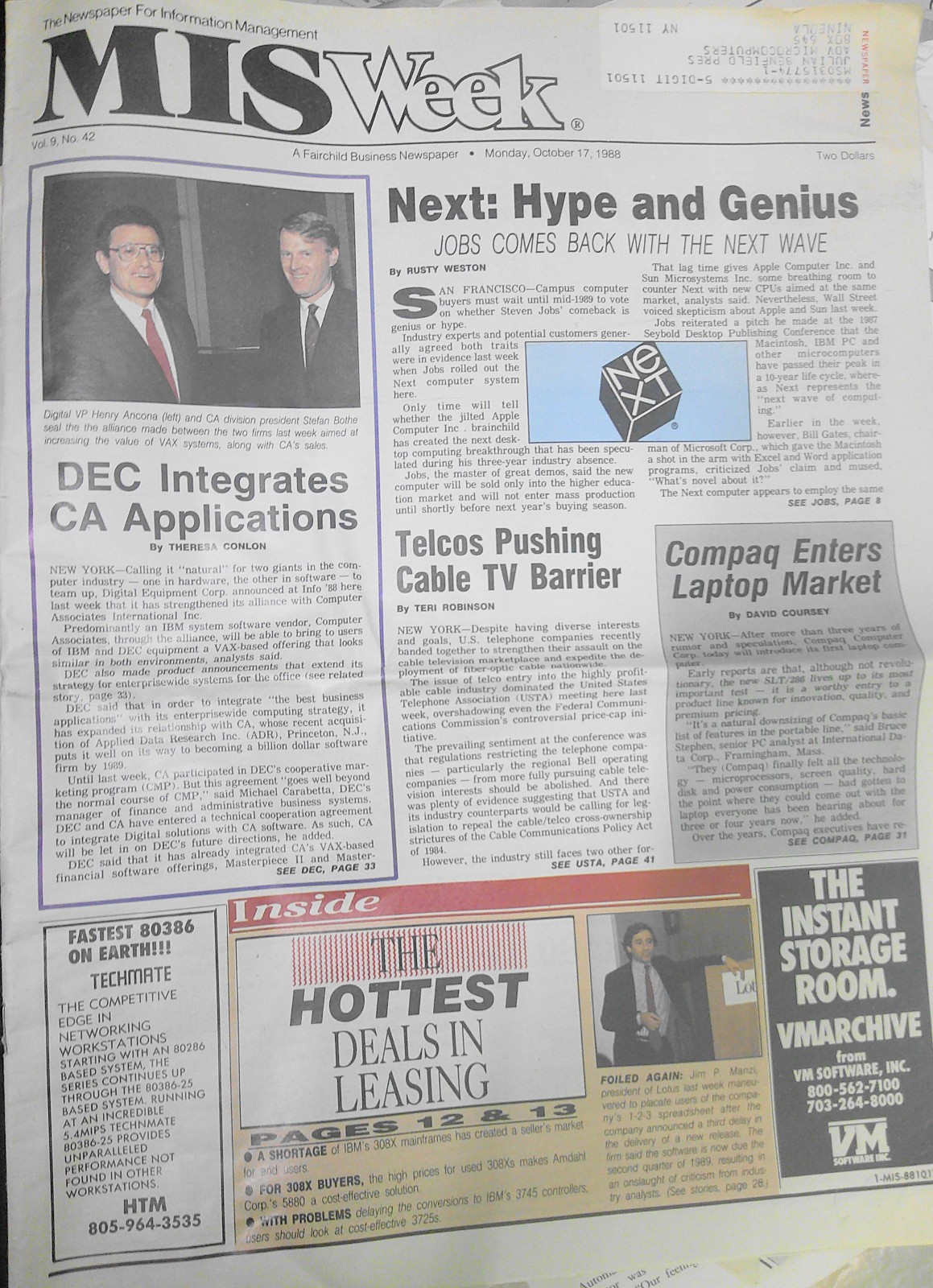 MIS Week October 17, 1988. Steve Jobs NeXT, UNIX-based computer. Hype or Genius?