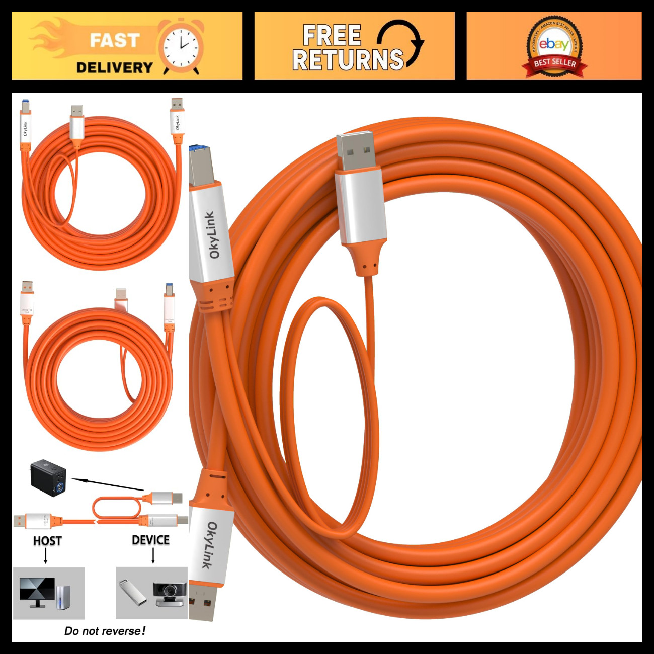 25ft Active USB 3.2 Gen 2 A to B Printer & NAS Cable, 10Gbps High-Speed Connecti