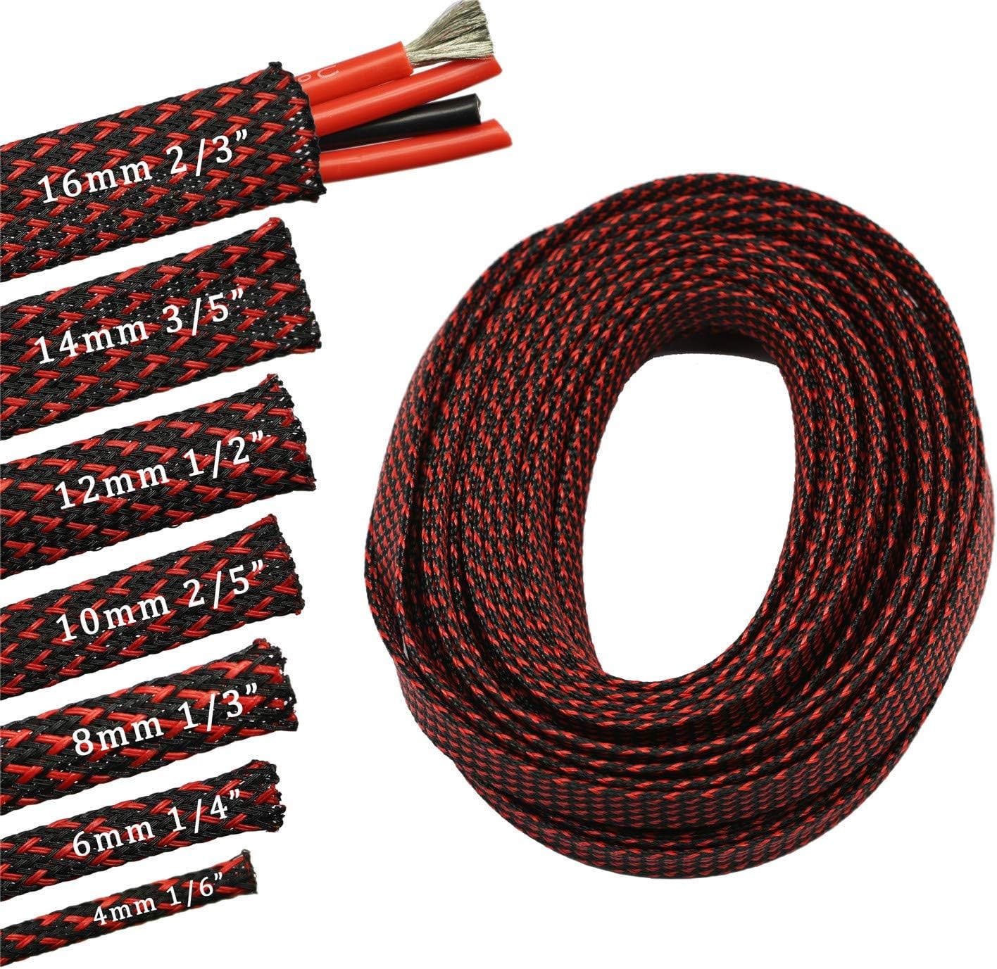 30ft PET Expandable Sleeving Wire Cable Sleeve 2/3, RedBlack