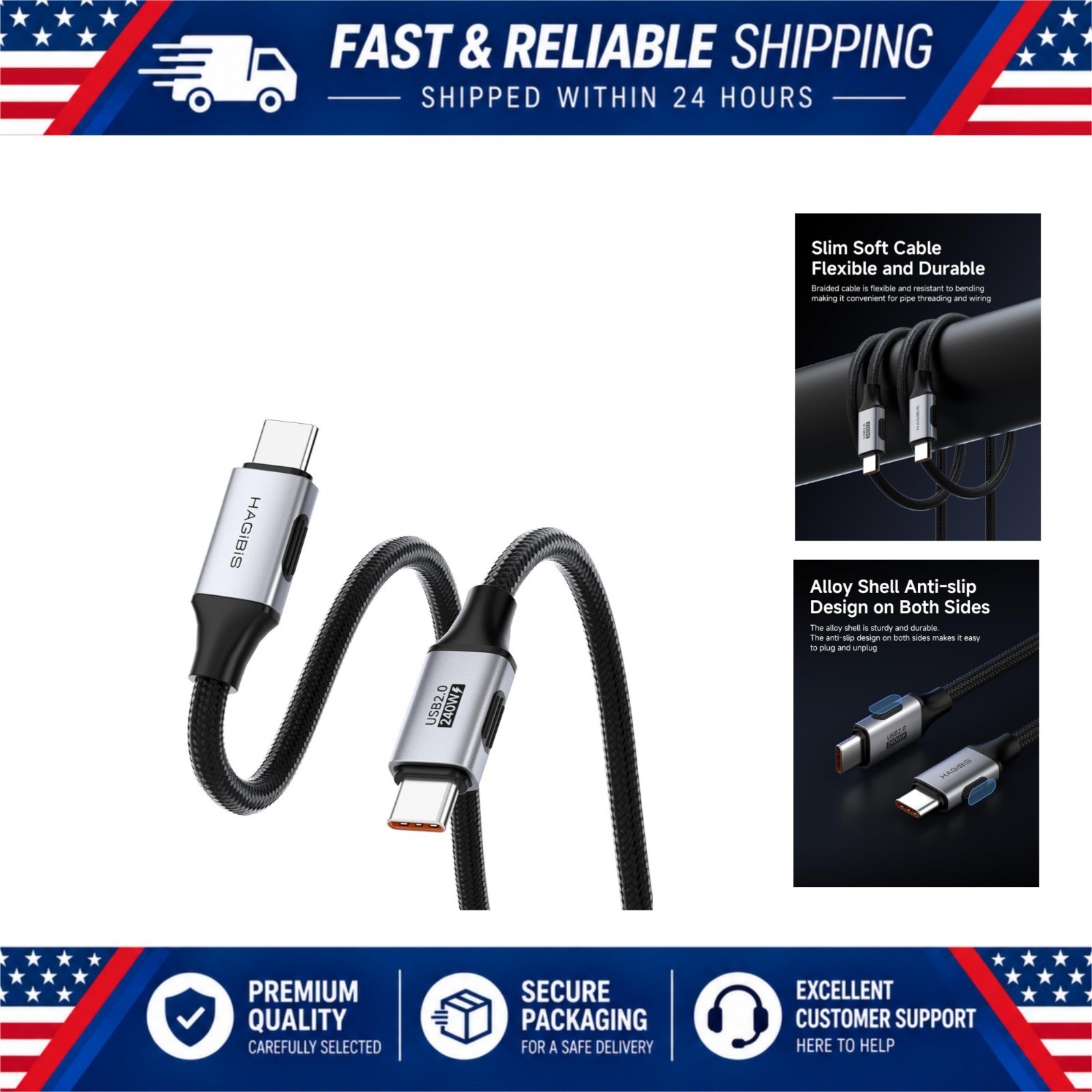 Hagibis 240W USB-C Fast Charging Cable 0.8ft Braided 480Mbps Data Cord