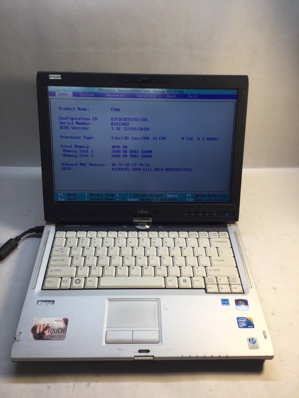 Fujitsu LifeBook T900 13" Laptop Intel Core i5-520M -BOOTS TO BIOS -MZ