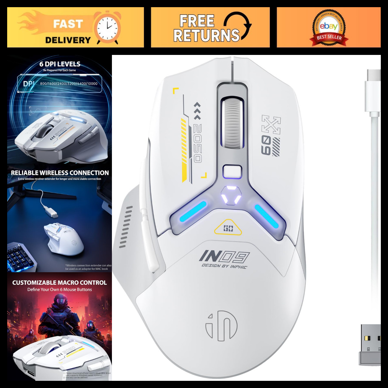 Silent Wireless Gaming Mouse, Tri-Mode 10K DPI, Fully Programmable, Ergonomic De