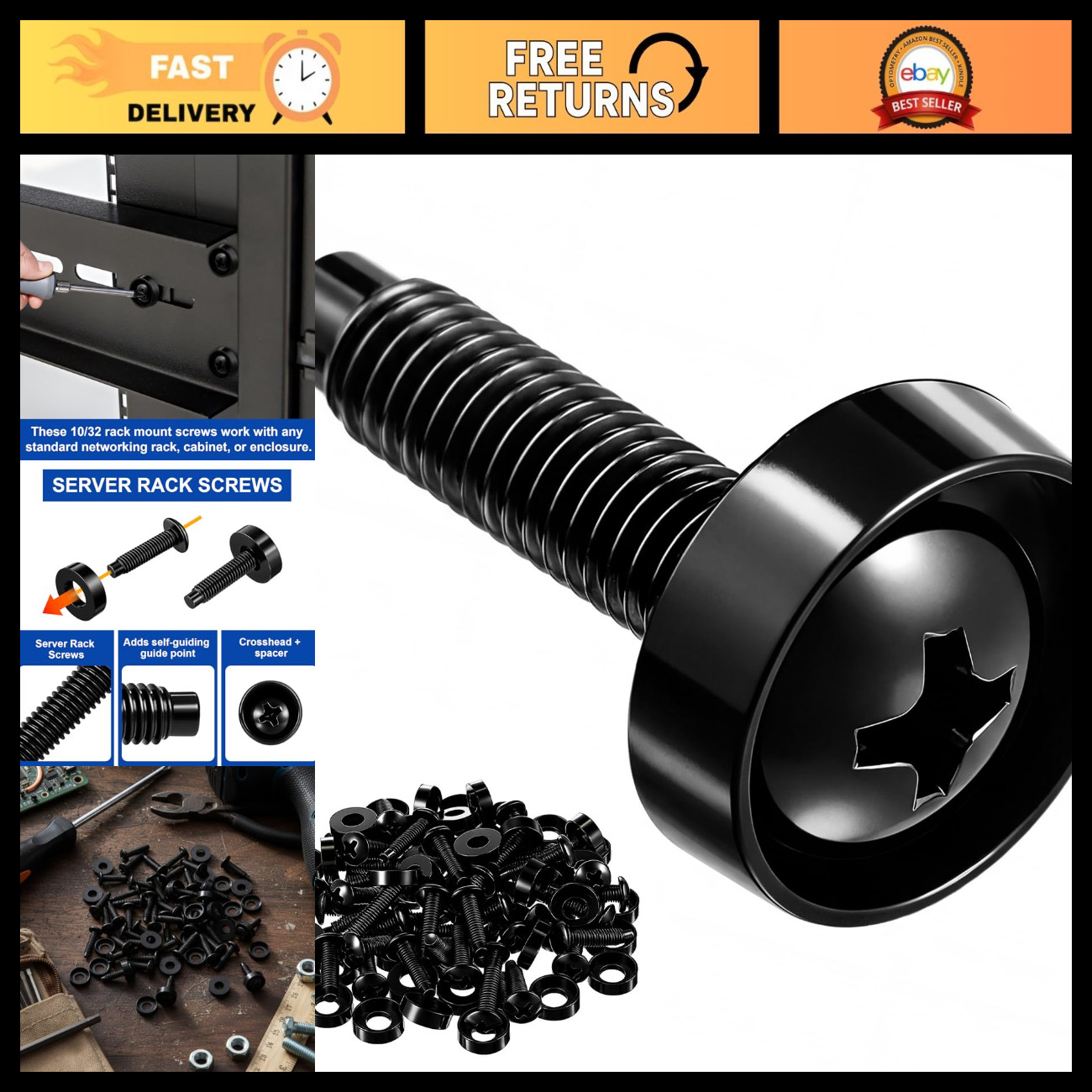 100 Pack Server Rack Screws 10-32 with Nylon Washers, Pilot Point, Black for Rac