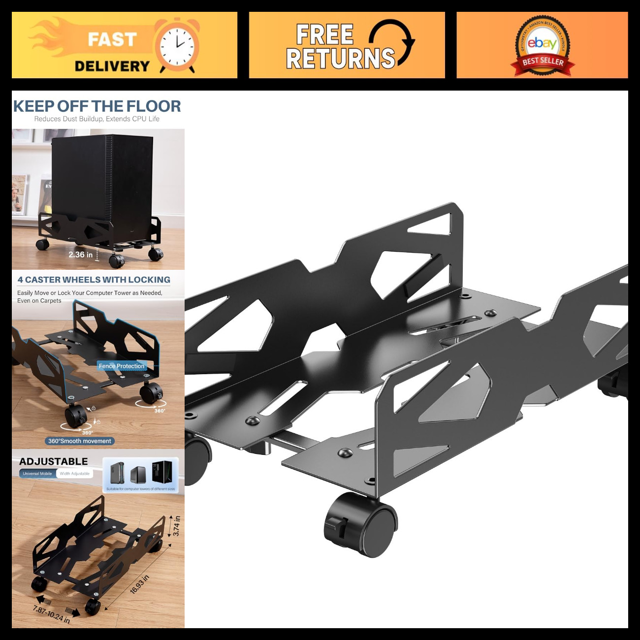 Adjustable Metal Computer Tower Stand - Fits Most PCs, Space-Saving Design