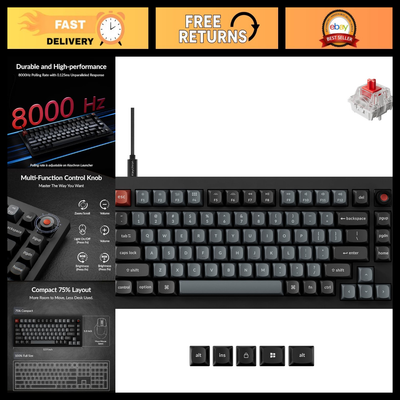 Custom Mechanical Keyboard 75% Wired, 8000Hz Ultra-Low Latency, RGB, Hot-Swappab