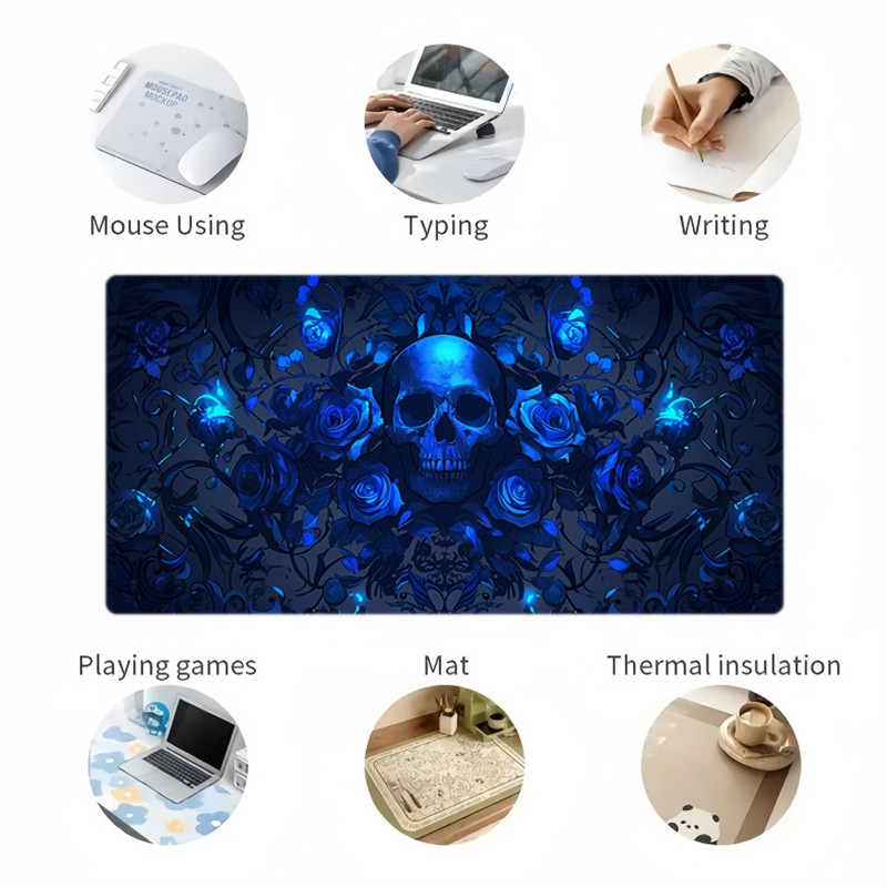 1pc Blue Skull Roses Design Mouse Pad & Desktop Mat - Rectangular Gaming Pad,