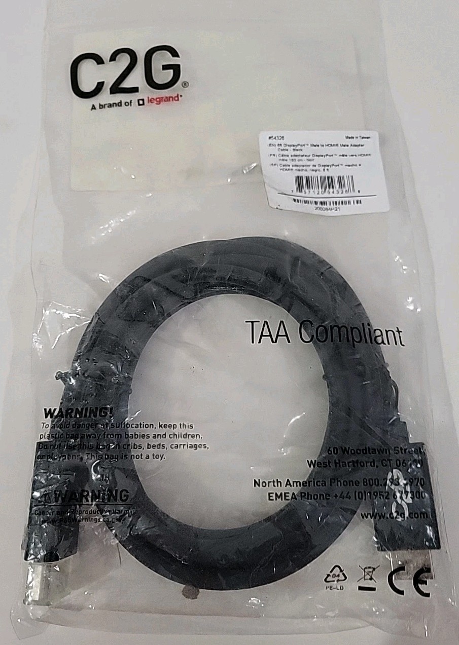 C2G 54326 6FT DISPLAYPORT MALE TO HDMI MALE ADAPTER CABLE BLACK