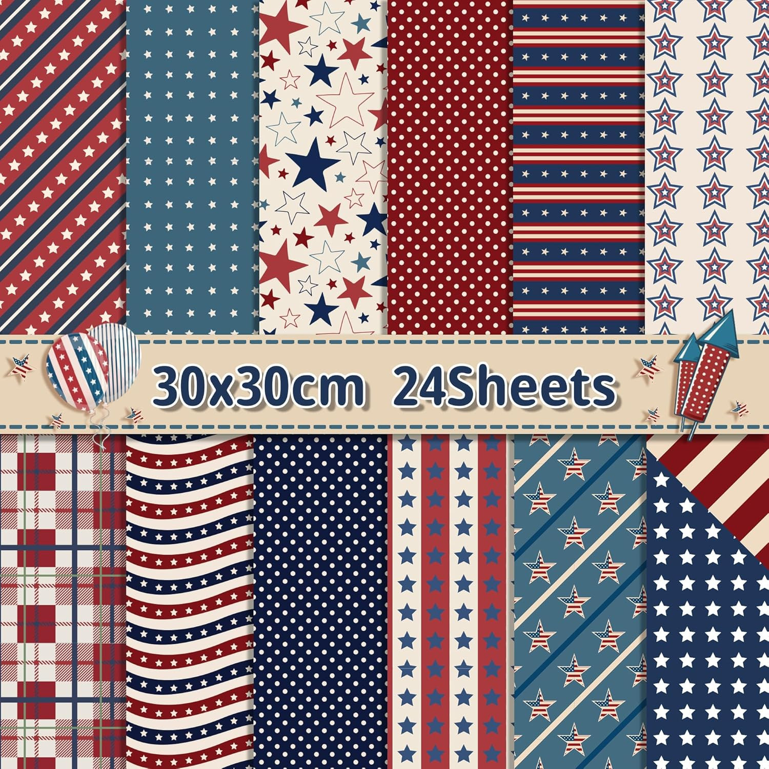 24 Sheets Patriotic Pattern Pad 11.8'' X 11.8'' Patriotic American Flag Scrapboo