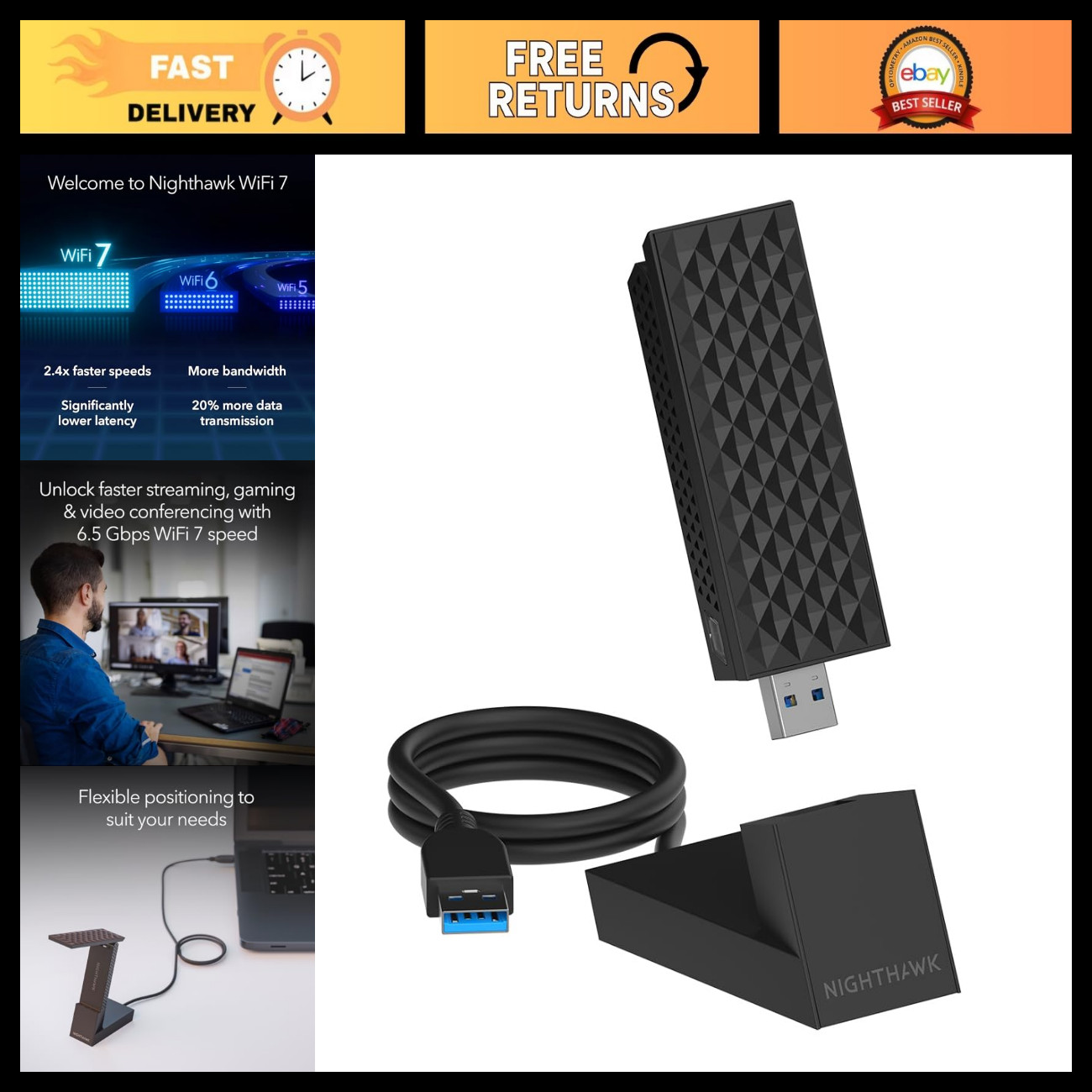 Tri-Band WiFi 7 USB Adapter - 6.5 Gbps Speed, 6 GHz, Works with Any Router, Wind
