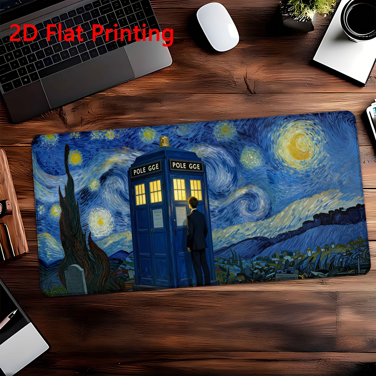 1pc Starry Night Style Blue Police Box Mouse Pad, Suitable for Gaming, Office,