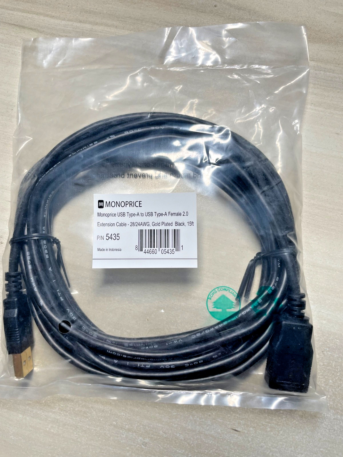 Monoprice USB A to USB A Female 2.0 Extension Cable, 28/24AWG, Black, 15ft