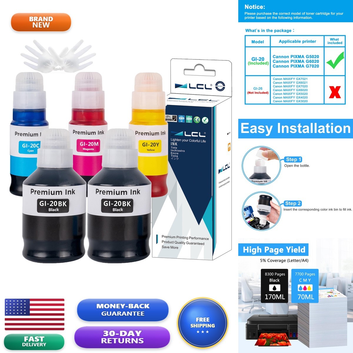 LCL GI-20 Ink Bottles 5-Pack for Canon PIXMA G5020-G7020 (2 Black Cyan Magenta