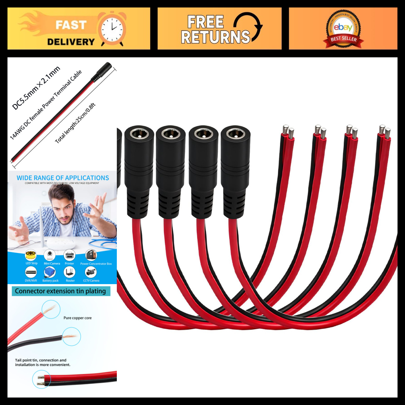 5.5mm x 2.1mm DC Power Connector Cable, 0.8FT Length, 5-Pack, Durable & Reliable
