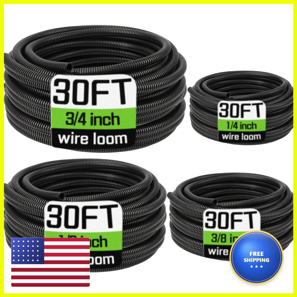 YesBes Wire Loom 1/4" 3/8" 1/2" 3/4" x 30 FT Split Tubing Black