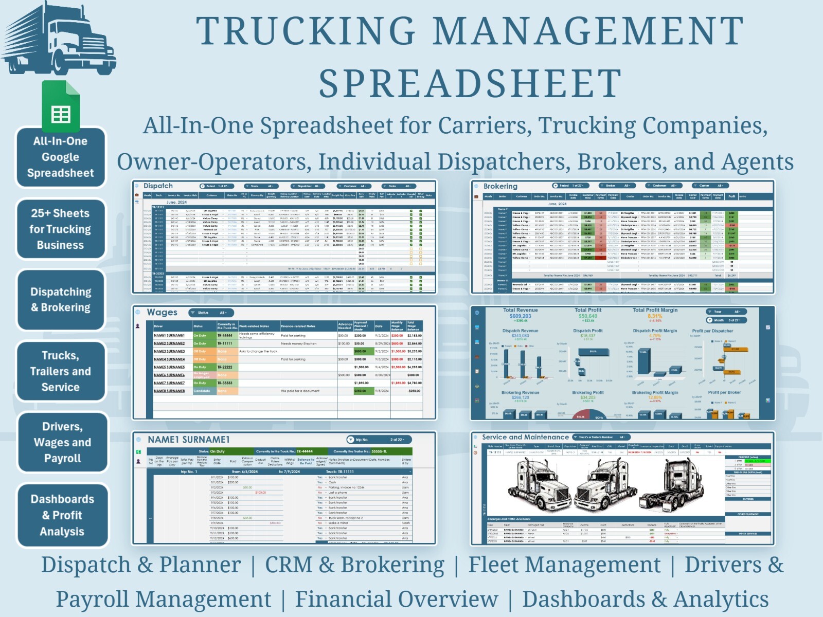 All-in-One Trucking Business Google Sheets, Dispatch, Freight, Trucks, Drivers