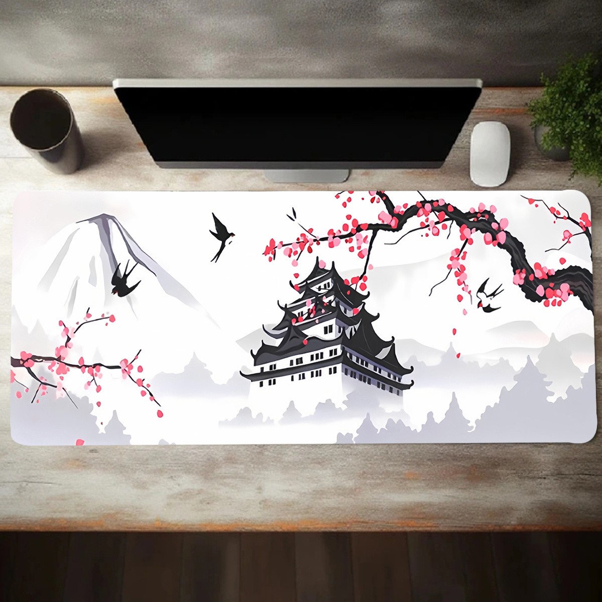 1pc Large Non-Slip Rubber Mouse Pad with Nine-Tier Pagoda and Cherry Blossoms