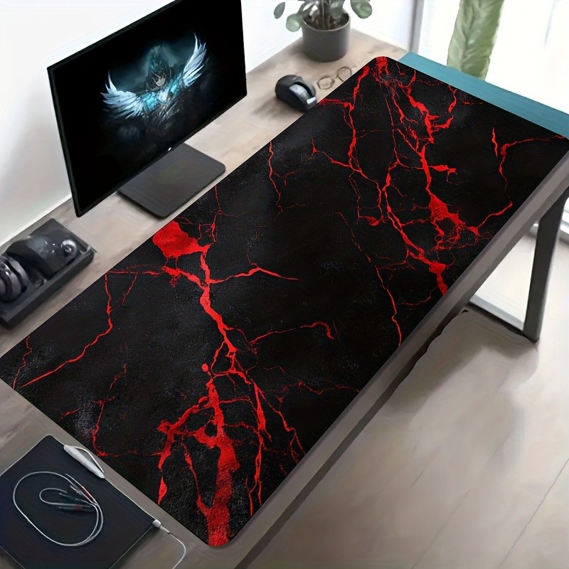1 Large Gaming Mouse Pad, Black and Red Marble Textured Design, Non-slip Rubbe
