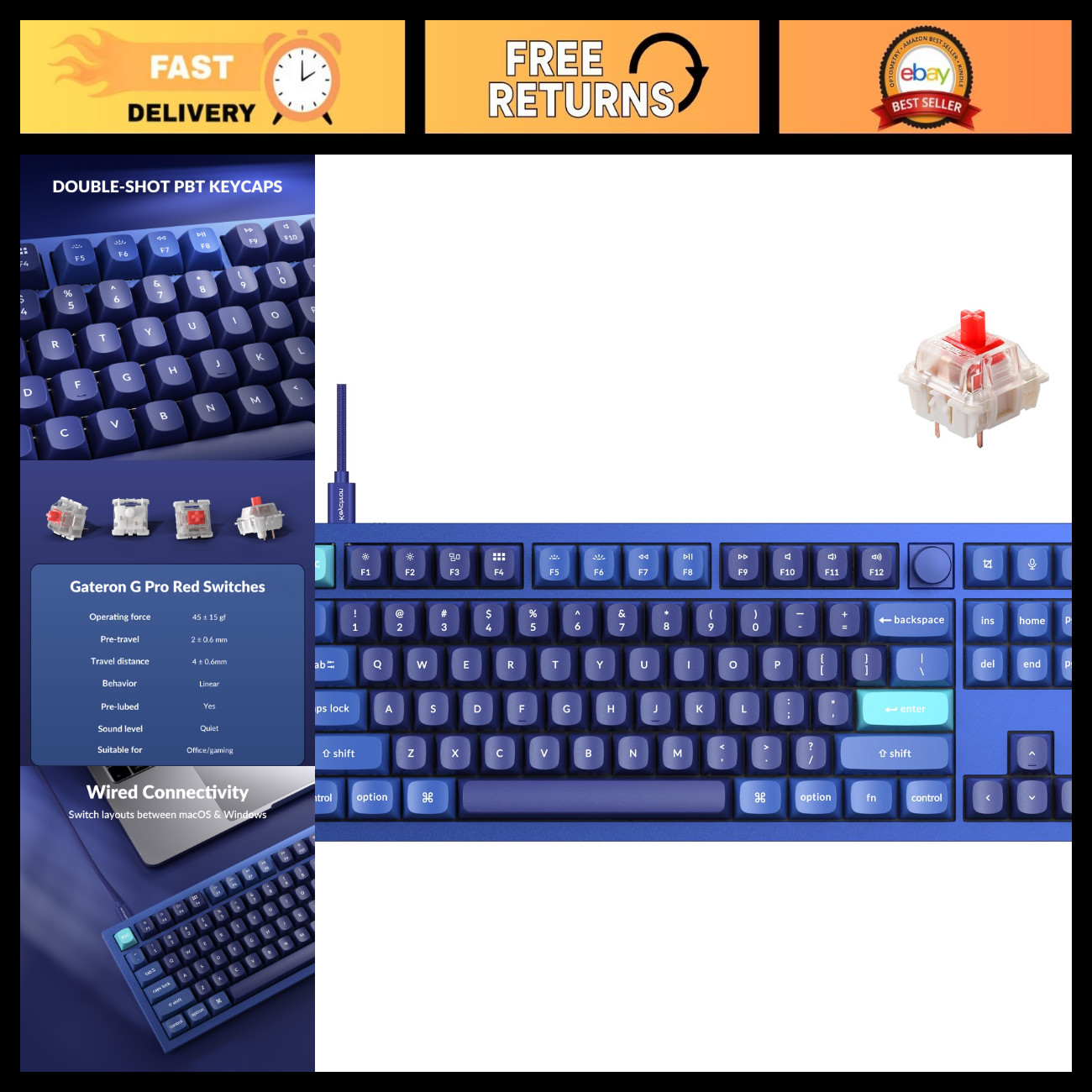 Custom Mechanical Keyboard TKL Wired with Knob, Blue Backlit, Hot-Swappable