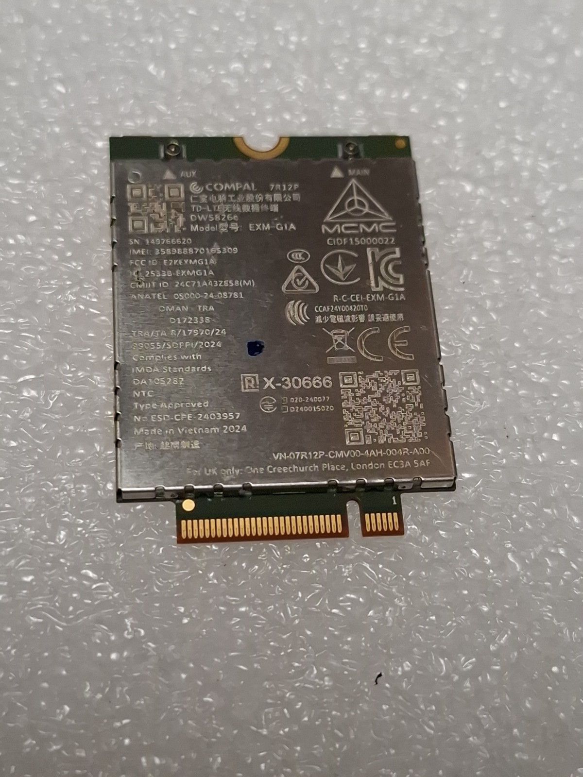 Dell Wireless DW5826e eSIM M.2 Mobile Broadband LTE 4G WWAN Card - 7R12P W1