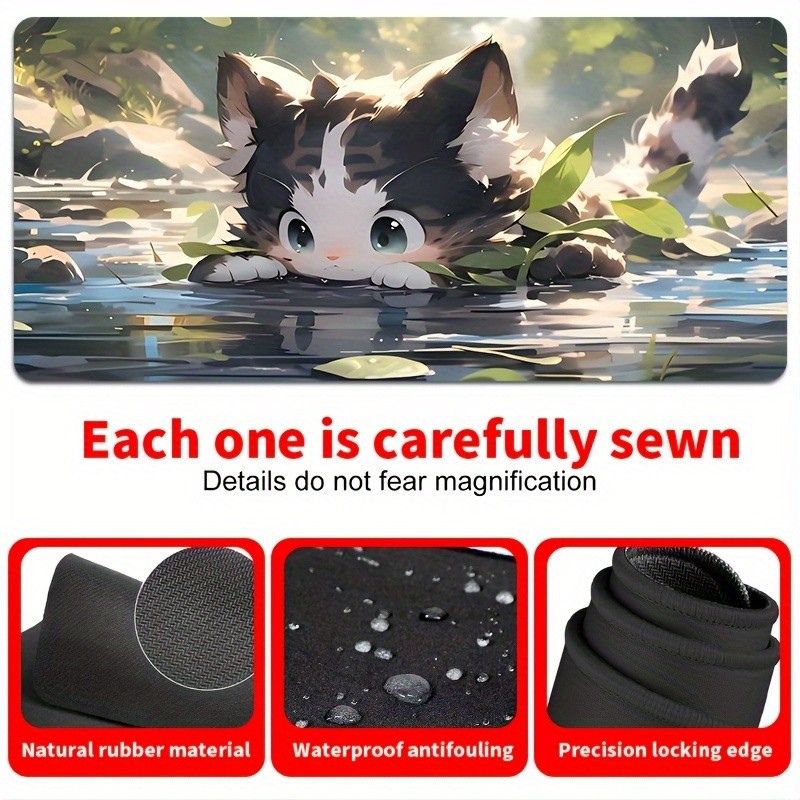 Large Cute Cat Pattern Mouse Pad - Non-Slip, Durable Stitched Edge, Natural Ru
