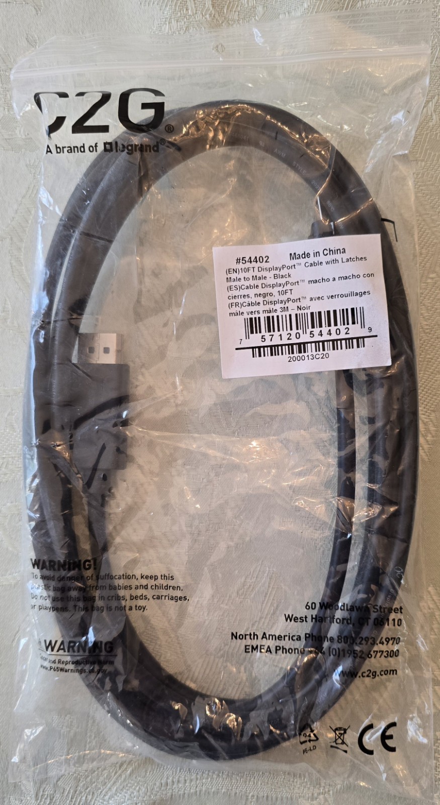 Cables-to-Go, C2G #54402 DisplayPort Cable w/latches, 10ft, Male to Male, Black