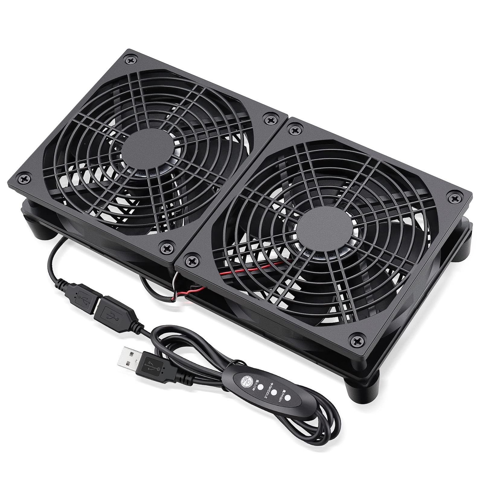 Router Fan Cooler 3 Speed Control L/M/H DC 5V USB Dual 120mm for Routers Modem