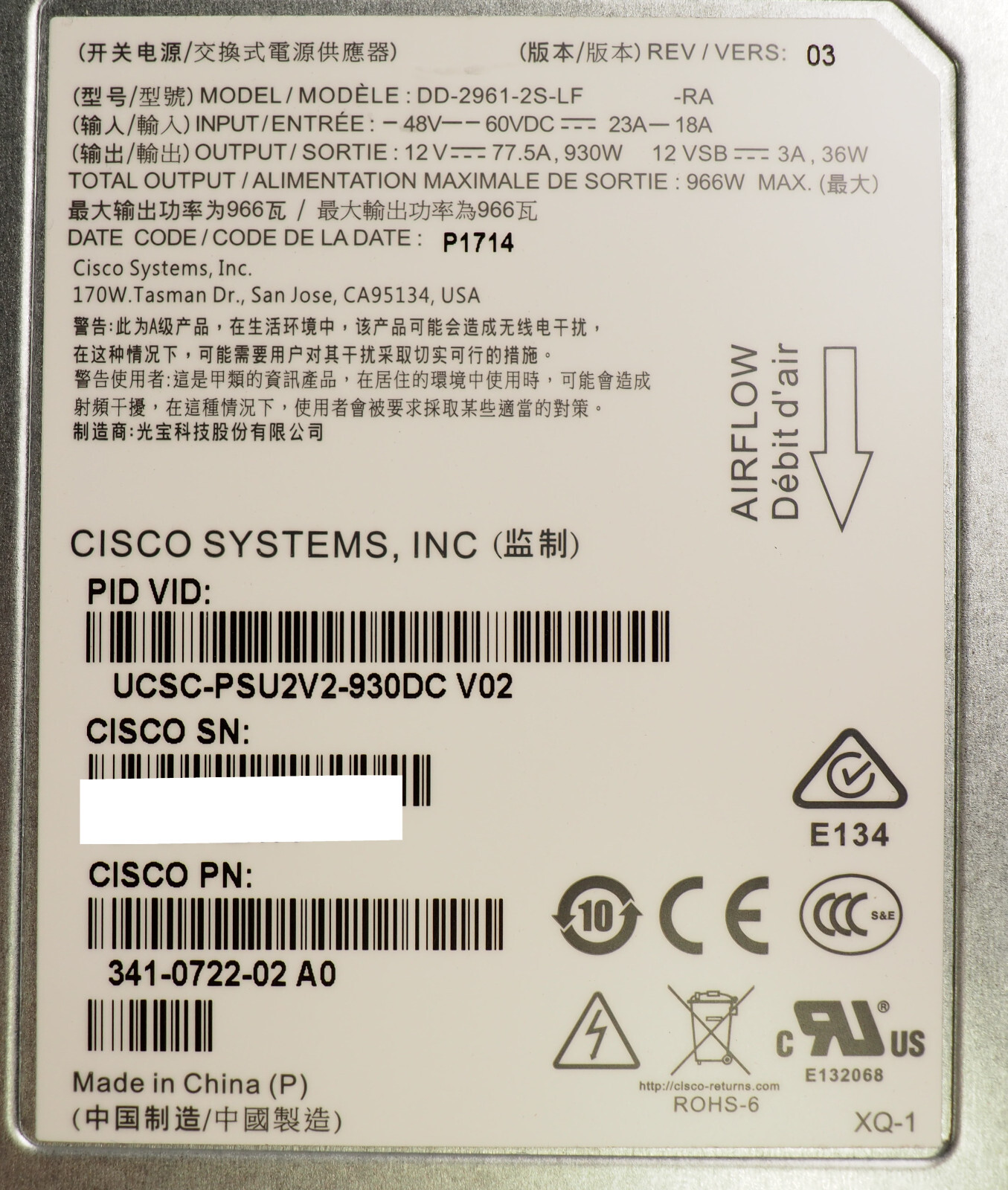Lot of 10 Cisco DD-2961-2S-LF UCSC-PSU2V2-930DC V02  341-0722-02 930W  PSUs