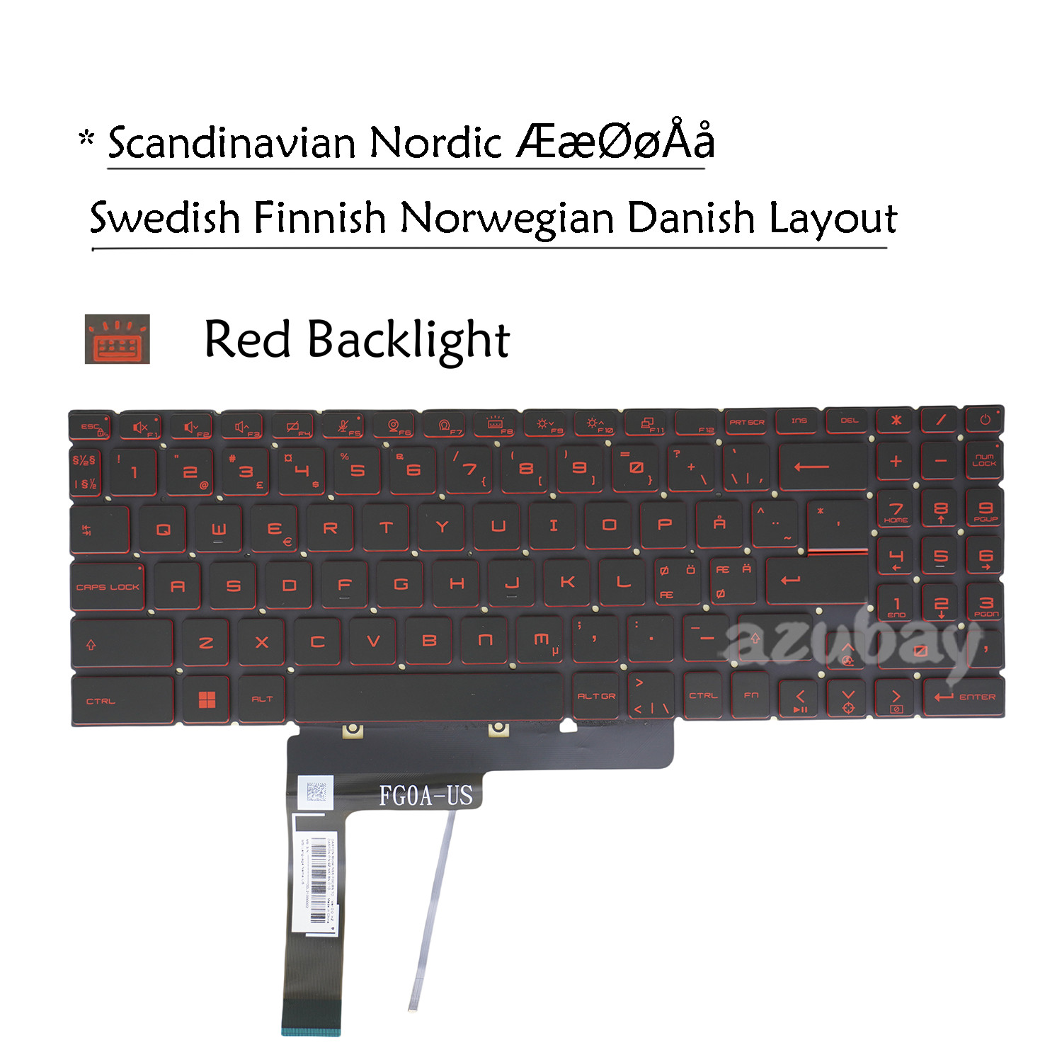 Nordic Laptop Keyboard for MSI Katana GF66 11SC 11U, MS-1581 MS-1582 Red Backlit