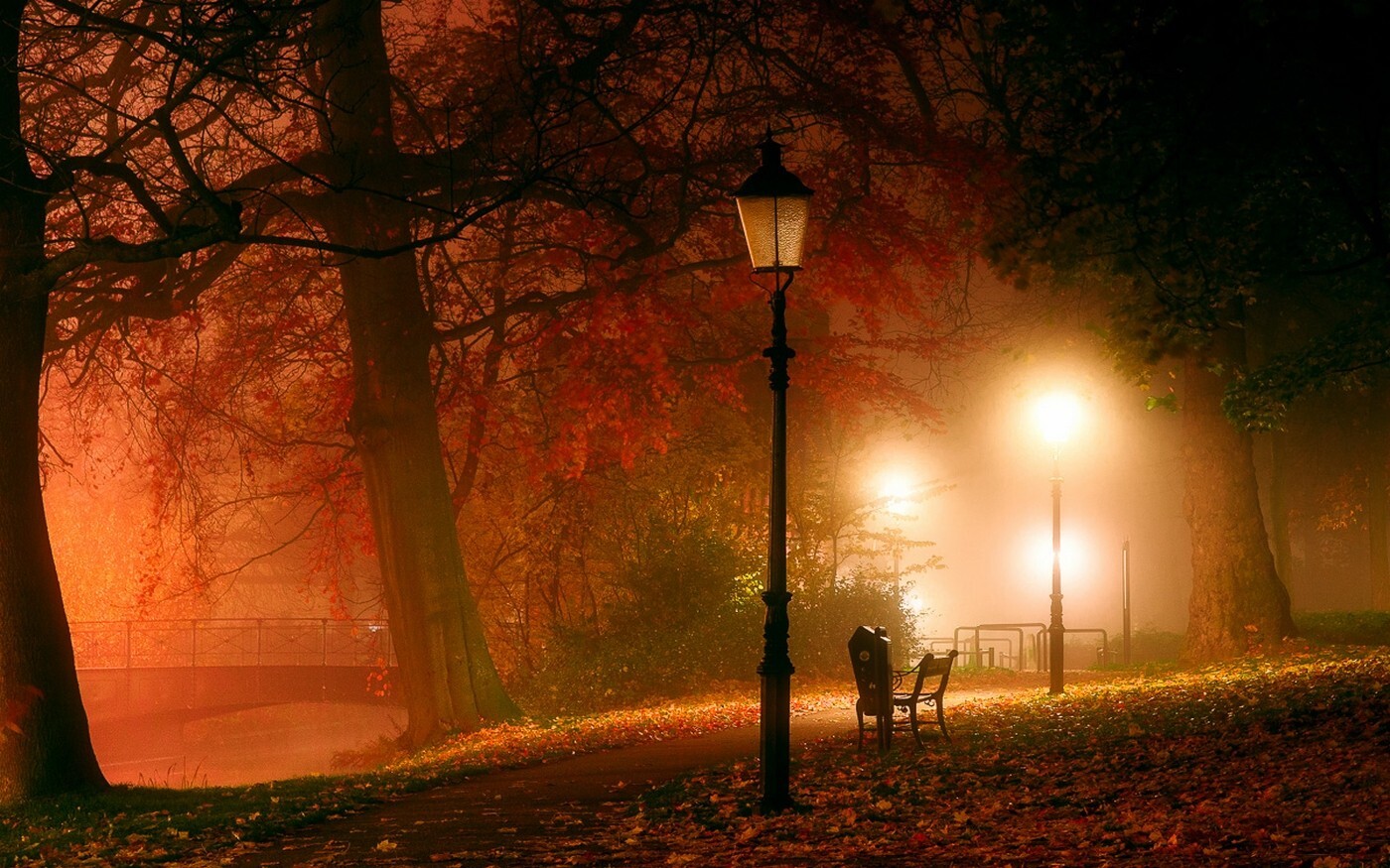 Landscape park lantern trees night mist bench bridge Custom Gaming Mat Desk