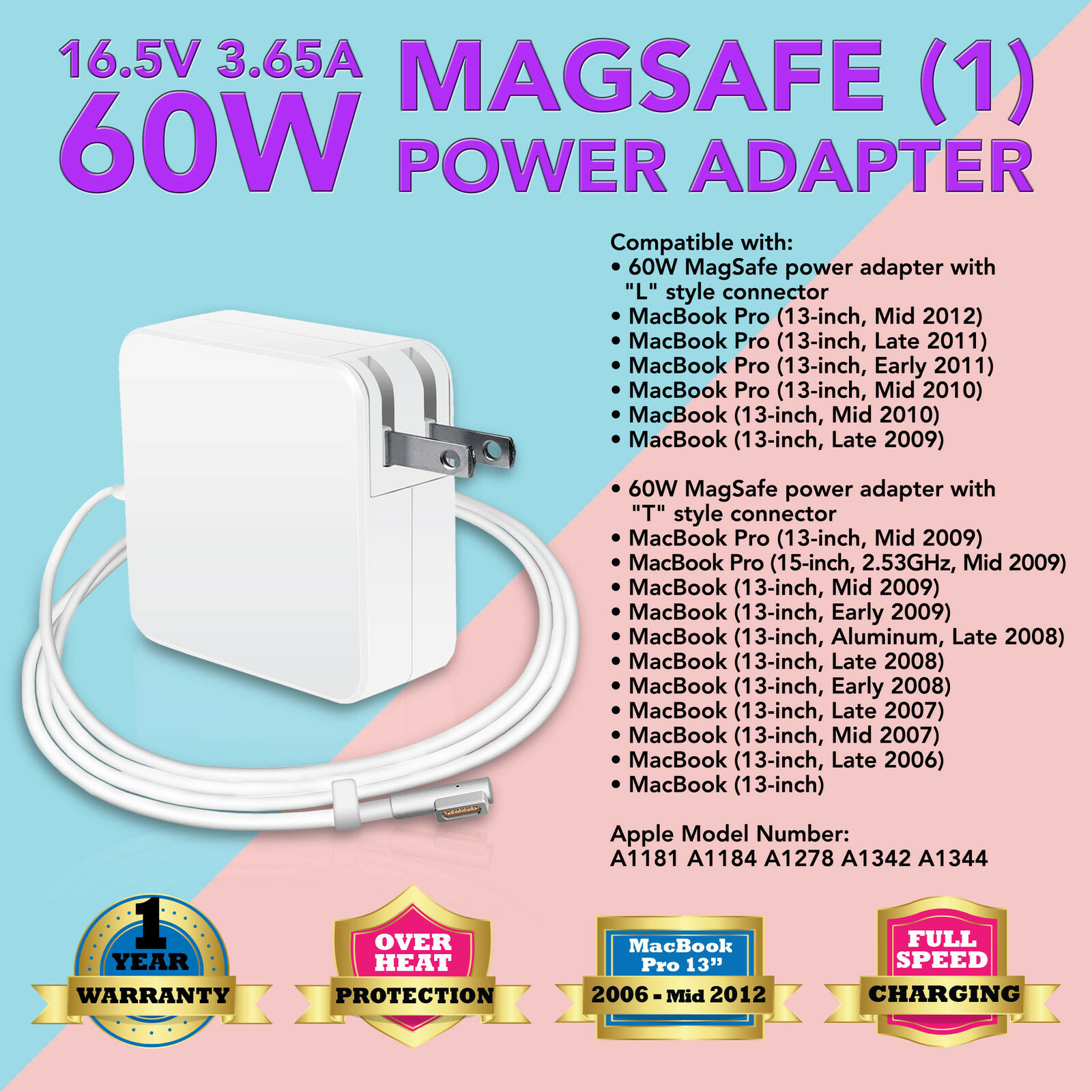 60W Charger Adapter for Apple MacBook Pro 13" A1278 A1330 A1184 A1181 US Ship