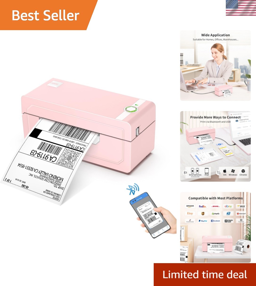 High-Speed Bluetooth Label Printer - Eco-Friendly 4x6 Shipping Solutions in Pink