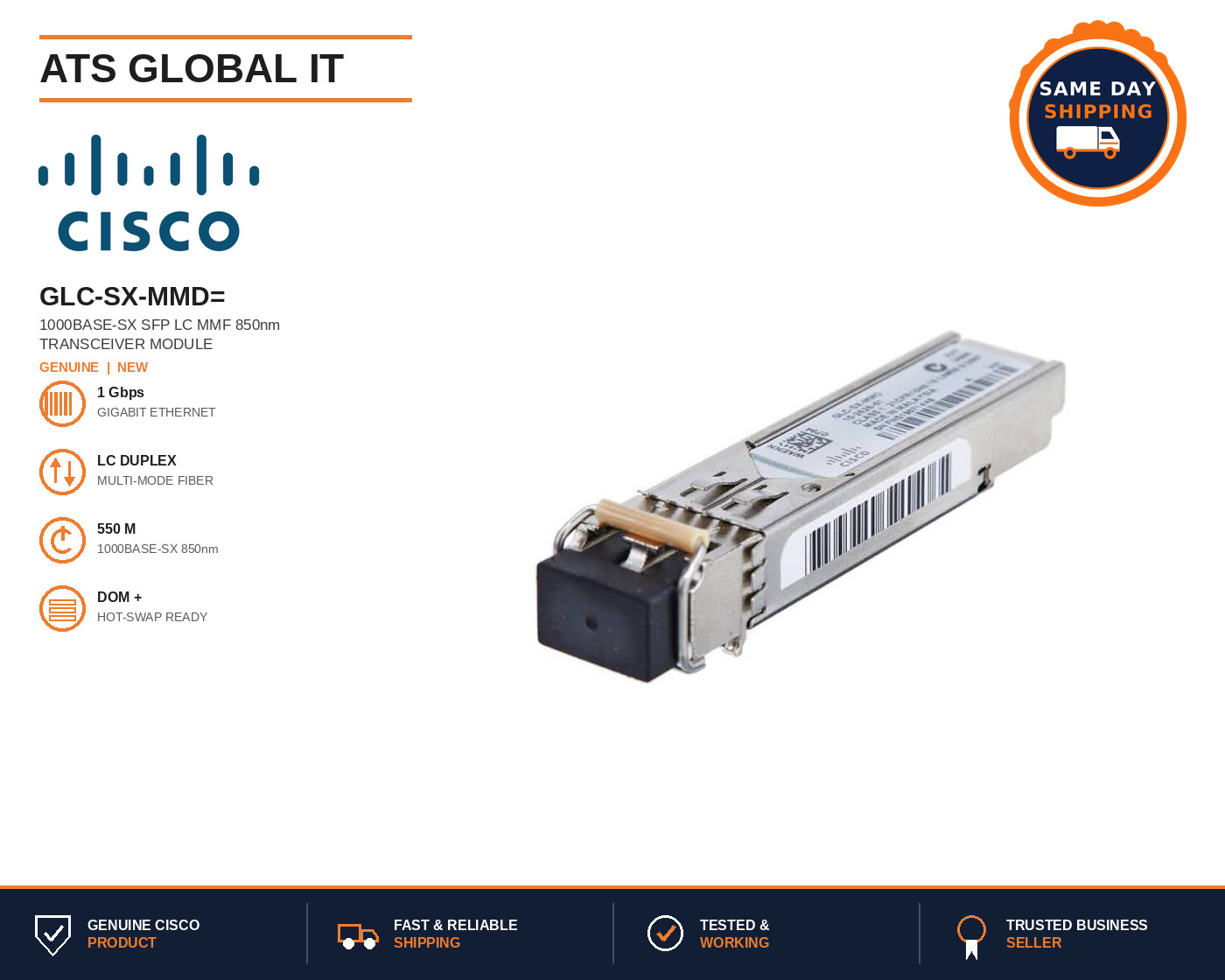 Cisco GLC-SX-MMD= 1000BASE-SX SFP Transceiver MMF 850nm DOM
