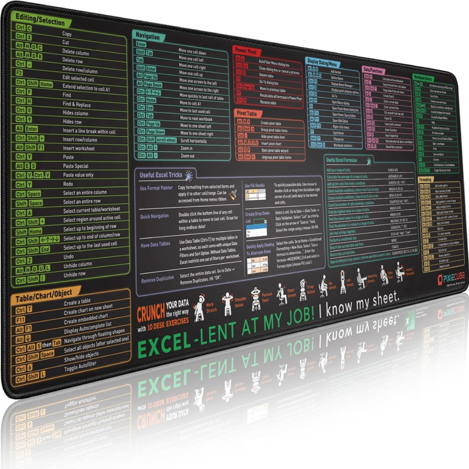 Excel Shortcut Mouse Pad Extended Large XL Desk Mat | Office Spreadsheet