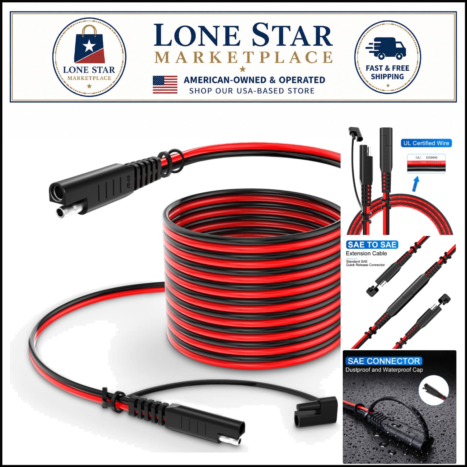 15ft SAE Power Extension Cable 14AWG for Secure Battery Charging Connections