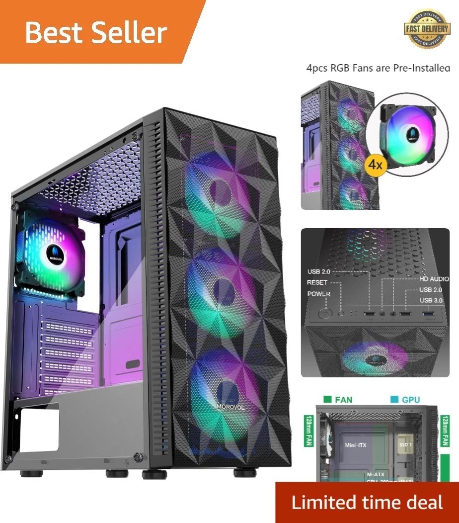 Mid Tower RGB Gaming PC Case with Diamond Mesh & Tempered Glass, 4 Fans