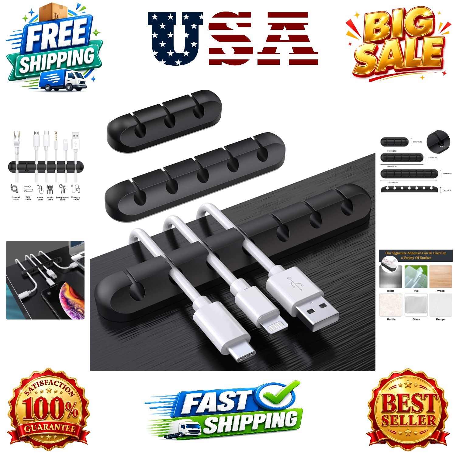 3 Pcs Silicone USB Cable Holder Clips, Self Adhesive - Black