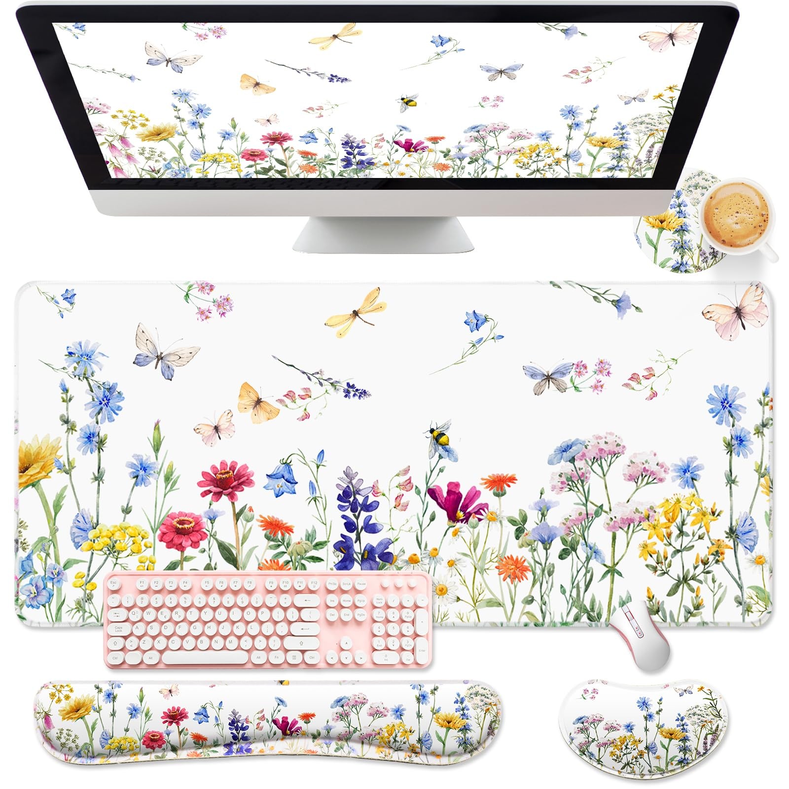 4 Pcs Flower Mouse Pad Set for Women, Large Desk Mat Wrist Rest