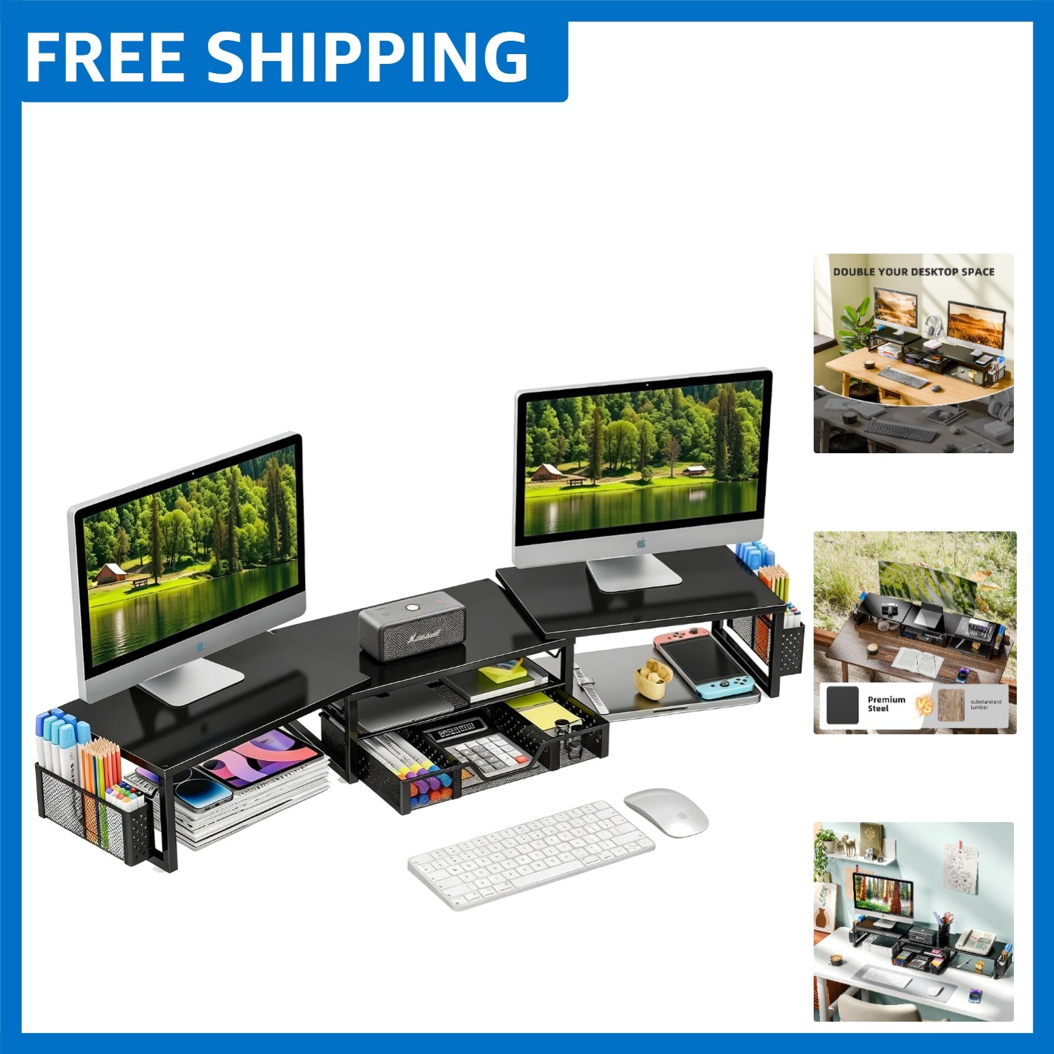 Metal Dual Monitor Stand with Ergonomic Design and Hidden Storage, Black