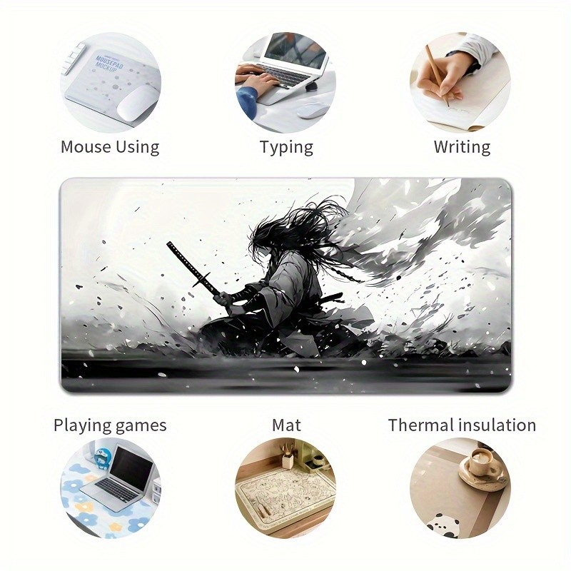 1pc 2D Flat, Japanese Samurai Ink Painting, Extra Large Mouse Pad, Rectangular