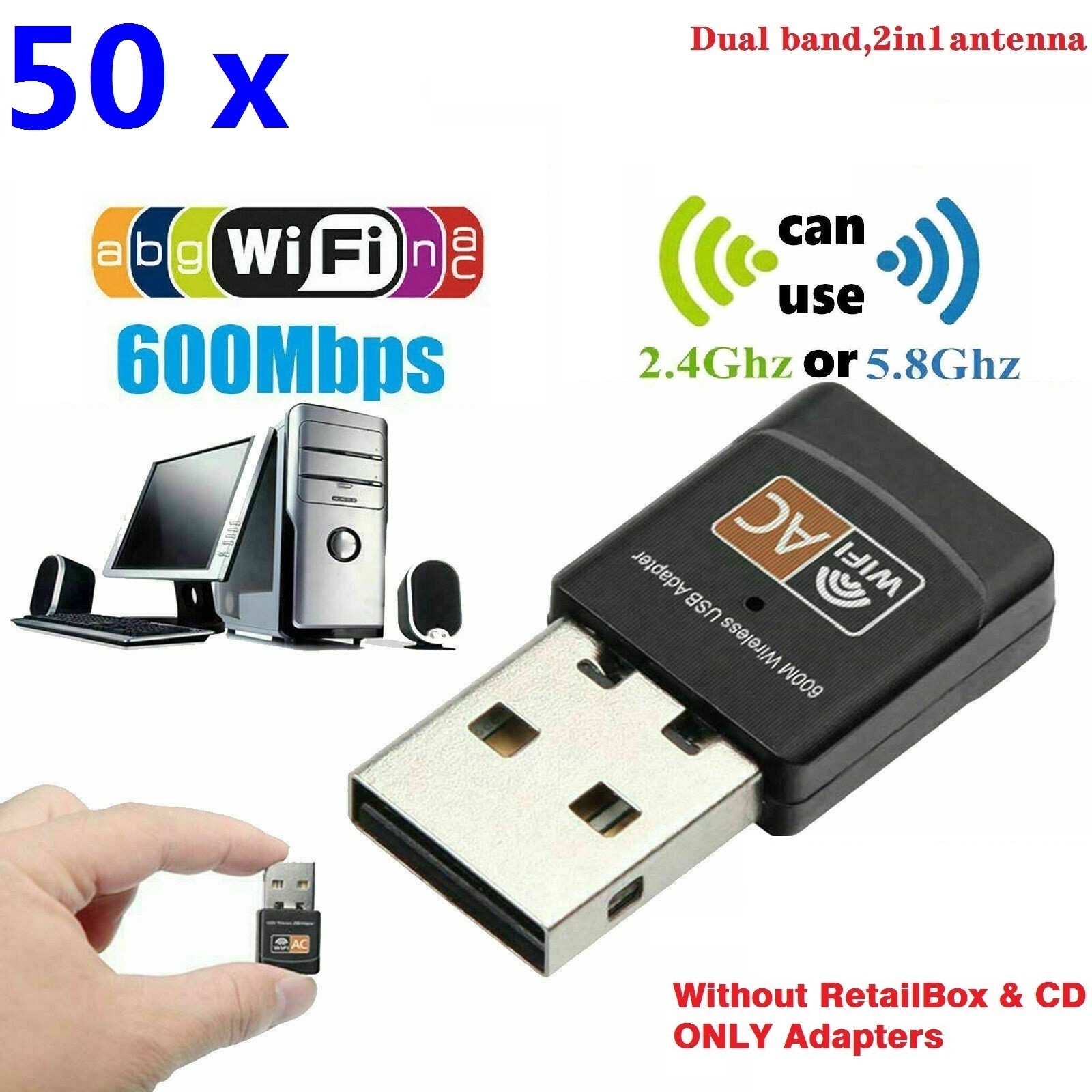 LOT 50 x AC 600Mbps Mini USB WiFi Wireless Adapters 802.11 ac Dual Band 2.4/5Ghz
