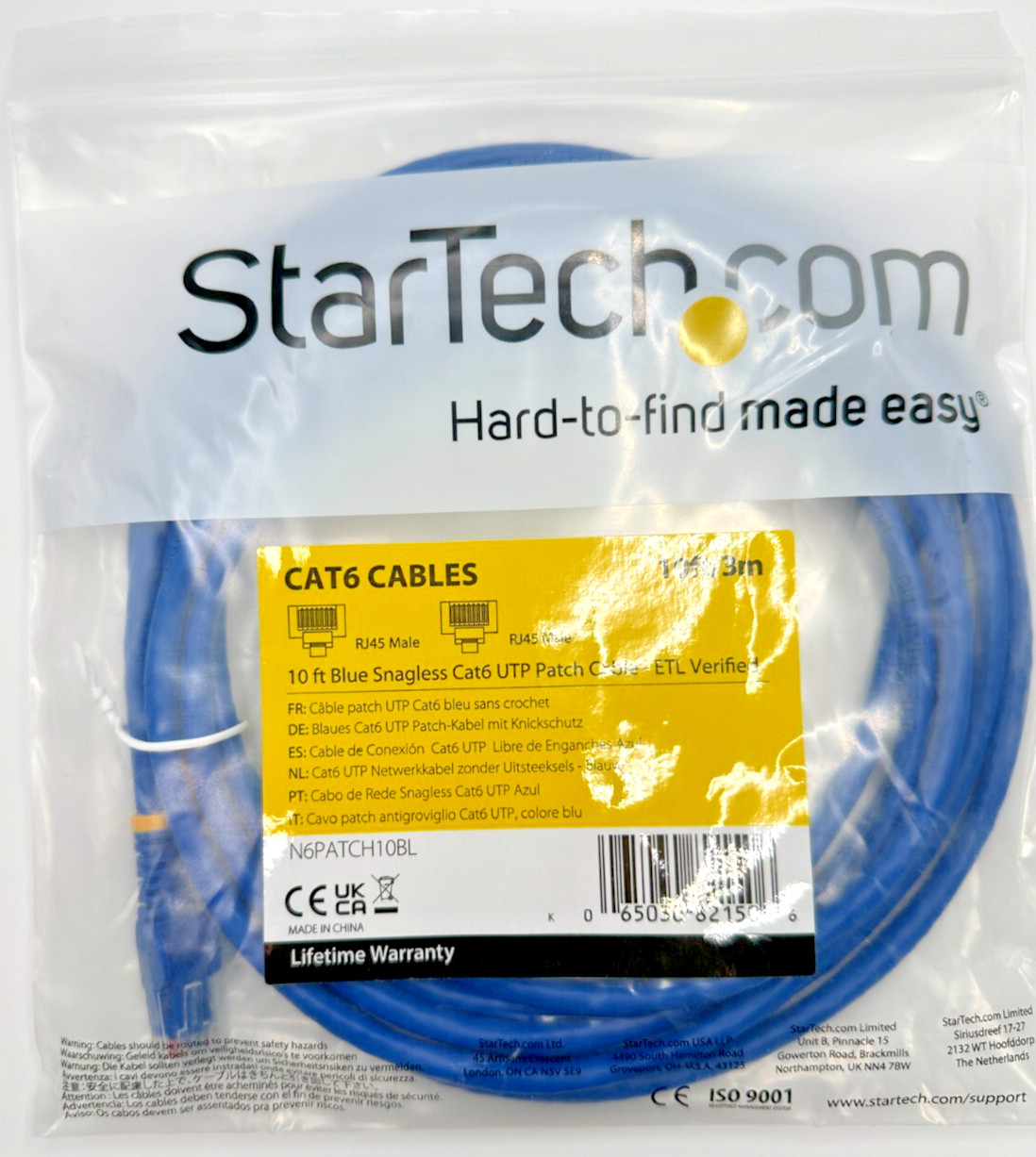 StarTech N6PATCH10BL 10 ft Blue Snagless Cat6 UTP Gigabit Patch Category 6