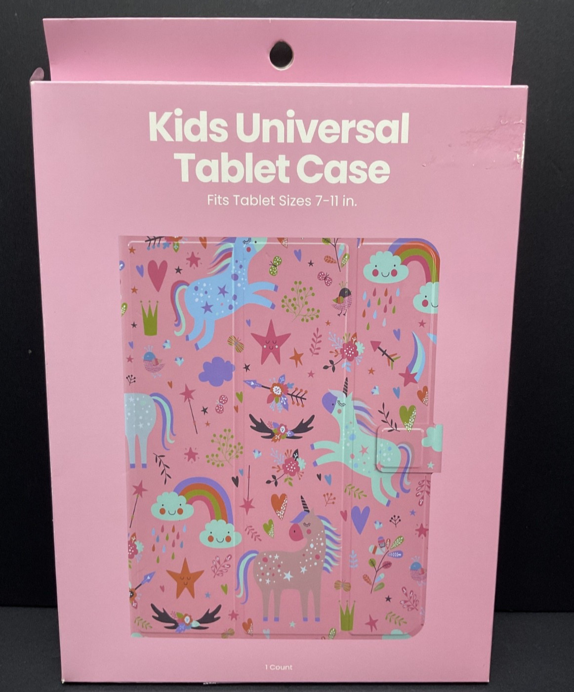 Kids Universal Tablet Case Magnetic Closing Clasp Pink Rainbows & Unicorns