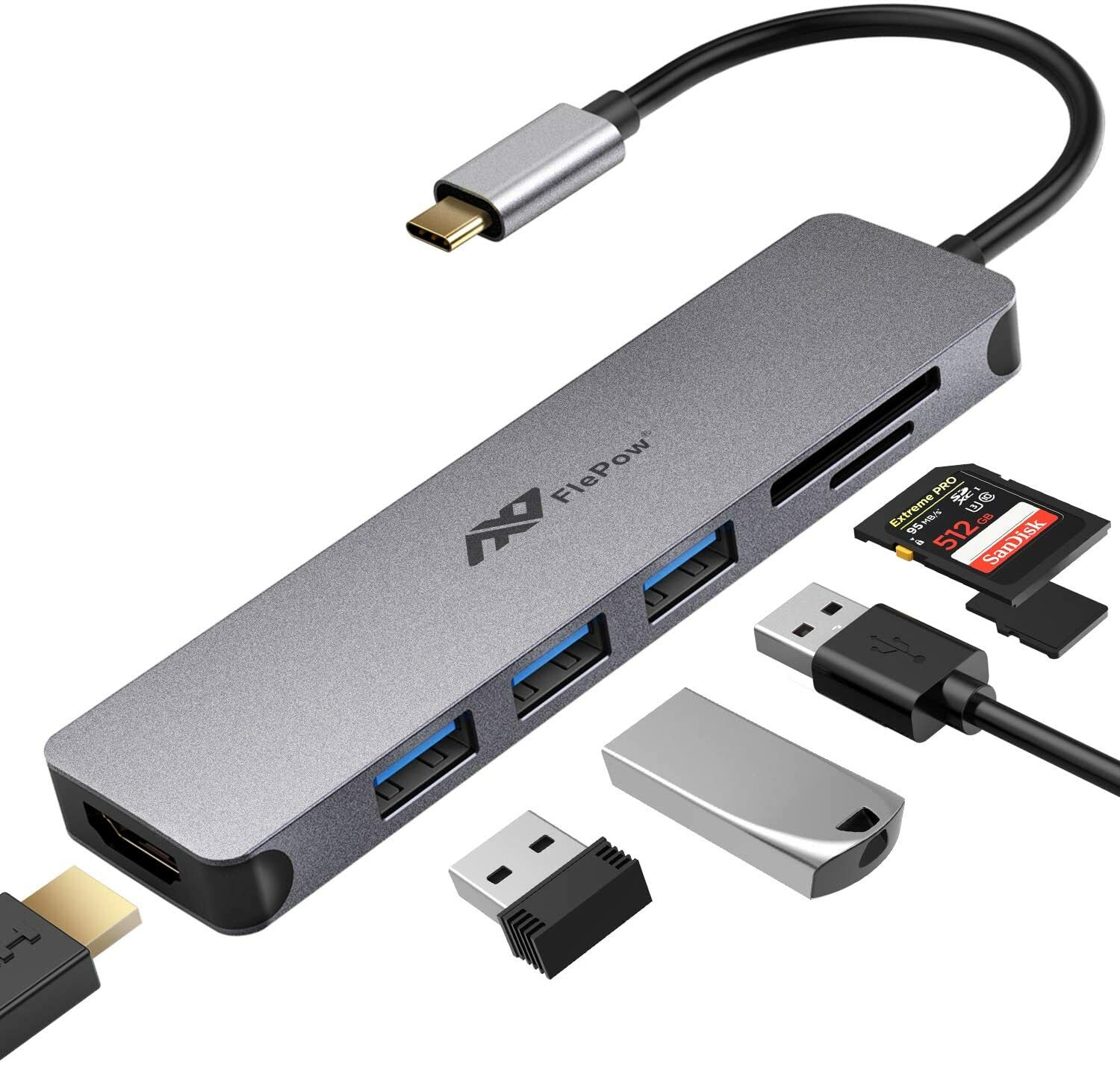 USB C Hub Multiport Adapter - 7 in 1 Portable Space Aluminum Dongle with 4K HDMI