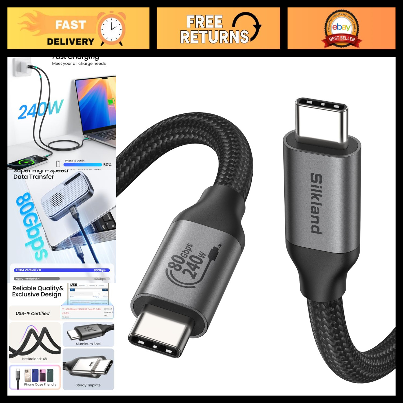 80Gbps USB 4 Thunderbolt 5 Cable 4FT - 120Gbps Bandwidth, 240W Power Delivery