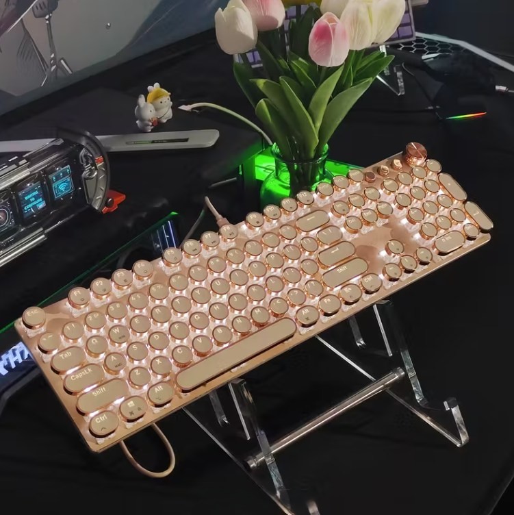 EWEADN Mechanical Keyboard 104 Keys Wired-C Typewriter Style White LED Rose Gold