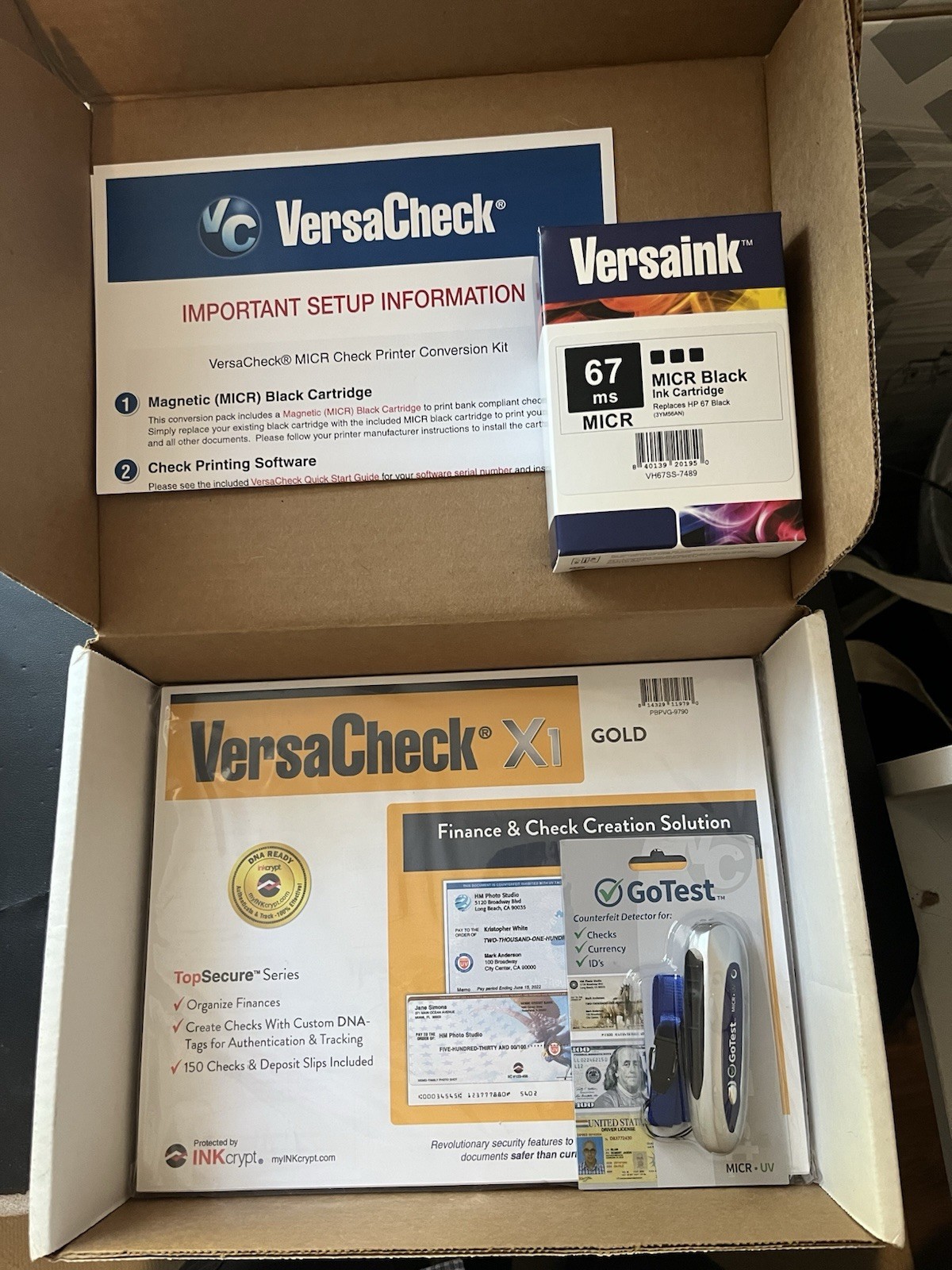 Versaink 67 MS MICR Blank Ink Cartridge & Versacheck X1 Gold Kit - Missing Parts