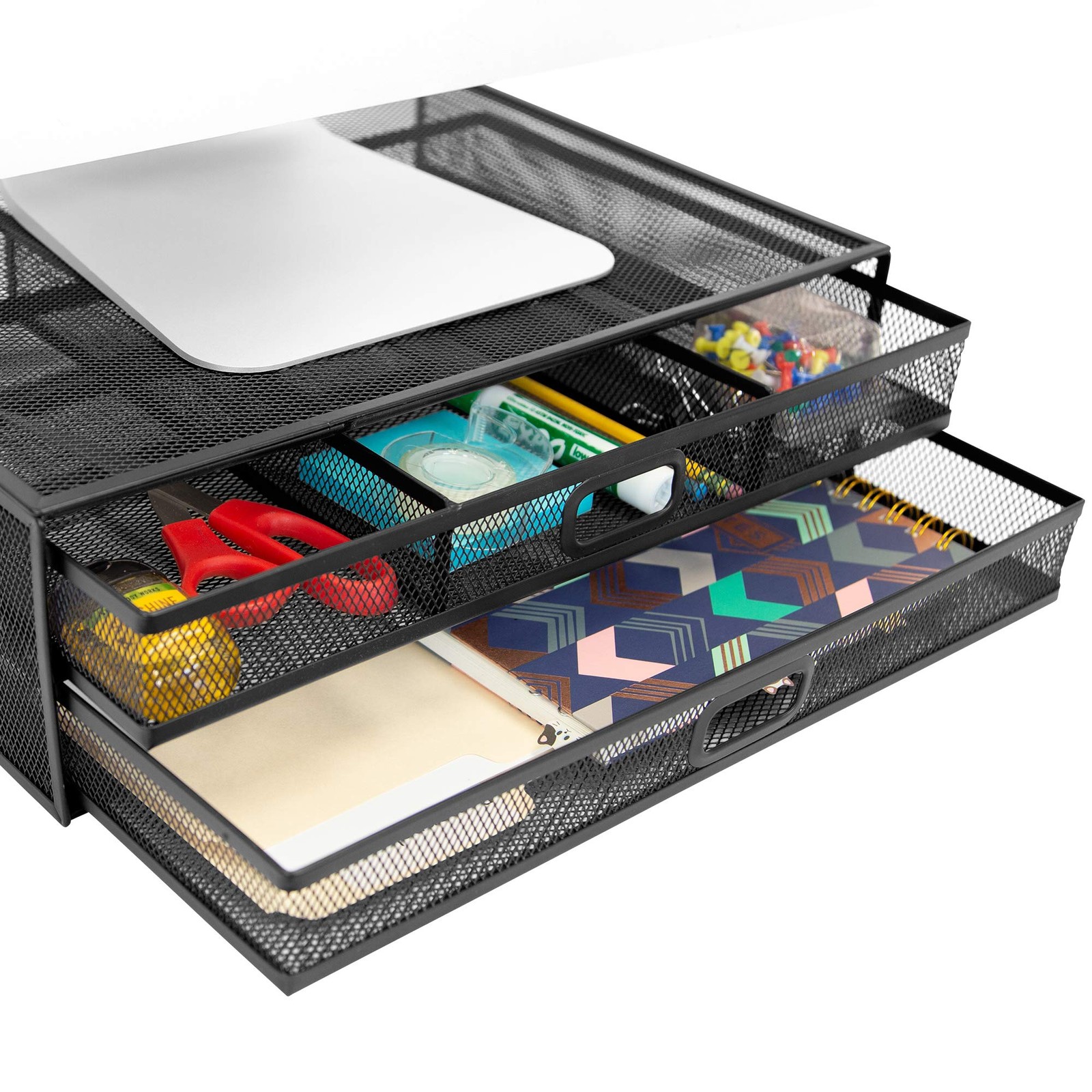 MOUNT-IT Computer Monitor Stand With Drawers Metal Mesh Riser and Organizer f...